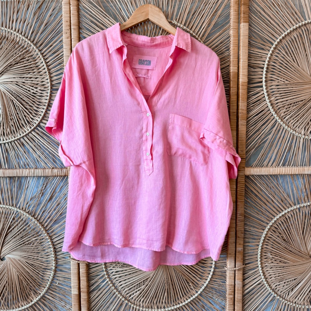Grayson Frank & Eileen Pink The Artist Short Sleeve Button-Up Linen Top SZ XL-2X